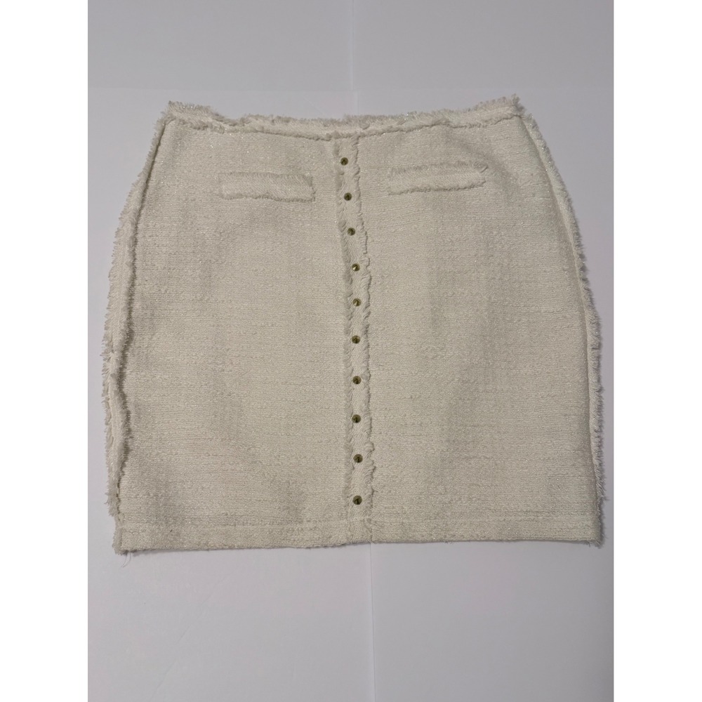 Jennifer Lopez Cream Tweed Metallic Frayed Mini Skirt Gold Studs Size 10